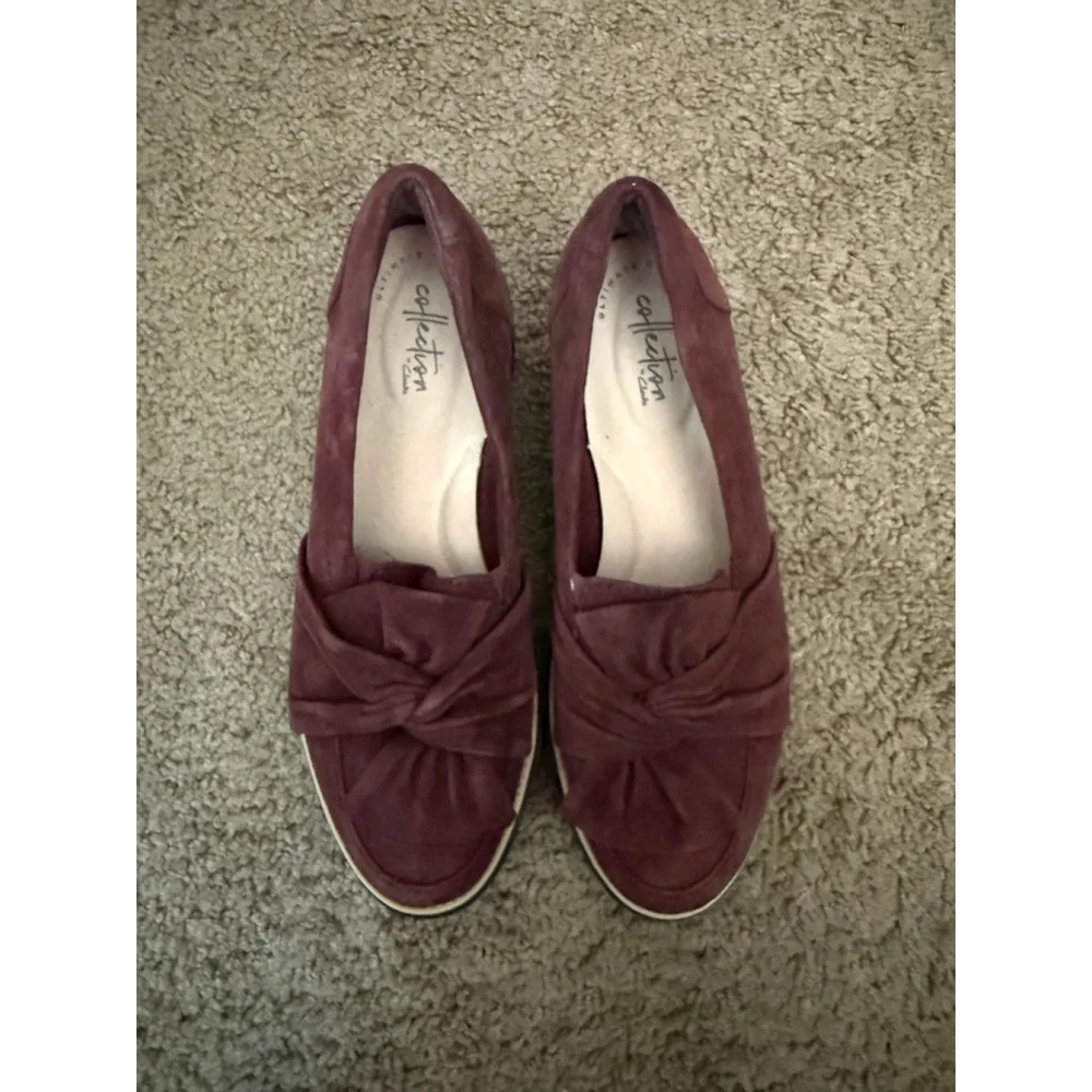 Women's Clarks Burgundy Suede Loafers with Black Sole